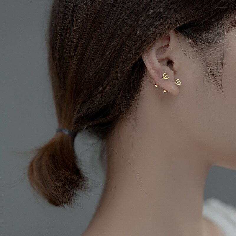 Genuine 925 sterling silver hollow heart stud earrings, screw back jewelry for women and girls