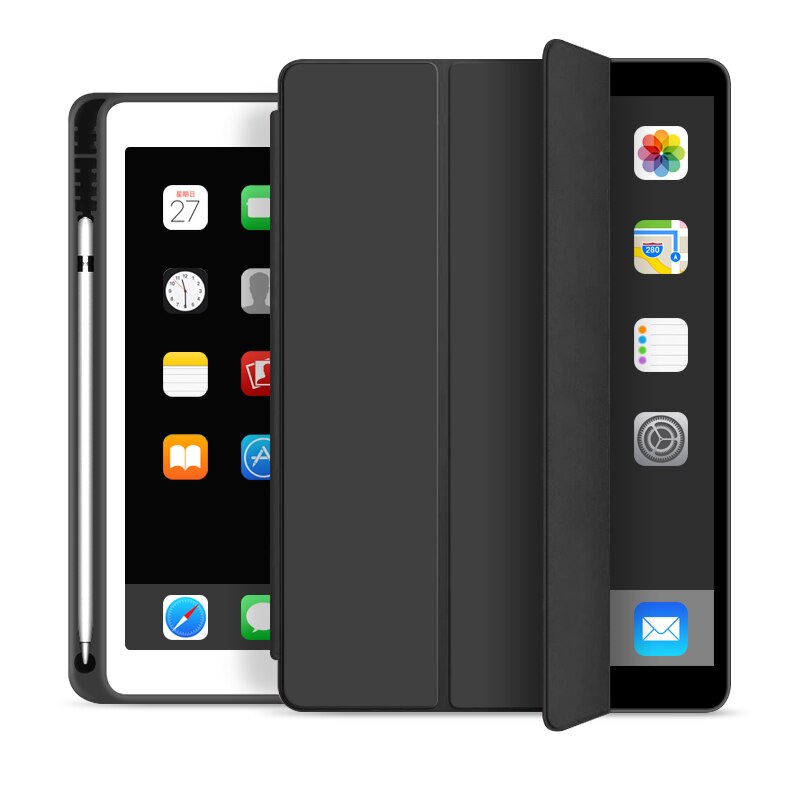 Fodral för ipad 7th generation smart skal med pennhållare för ipad 7 slim hopfällbart ställ silikonfodral för ipad 10.2 funda: Svart
