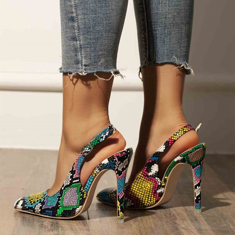 YUKE – escarpins à talons Python pour femmes, chaussures modernes et confortables, haut et fin, peu profondes, faites à la main, avec sangle à boucle et bout pointu