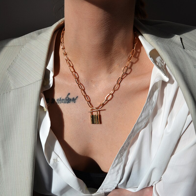 Trendy Key Lock Pendant Necklace For Women Men Punk Big Chunky Chain Multilayed Lock Pendant Necklaces Jewelry Party: CS5137101