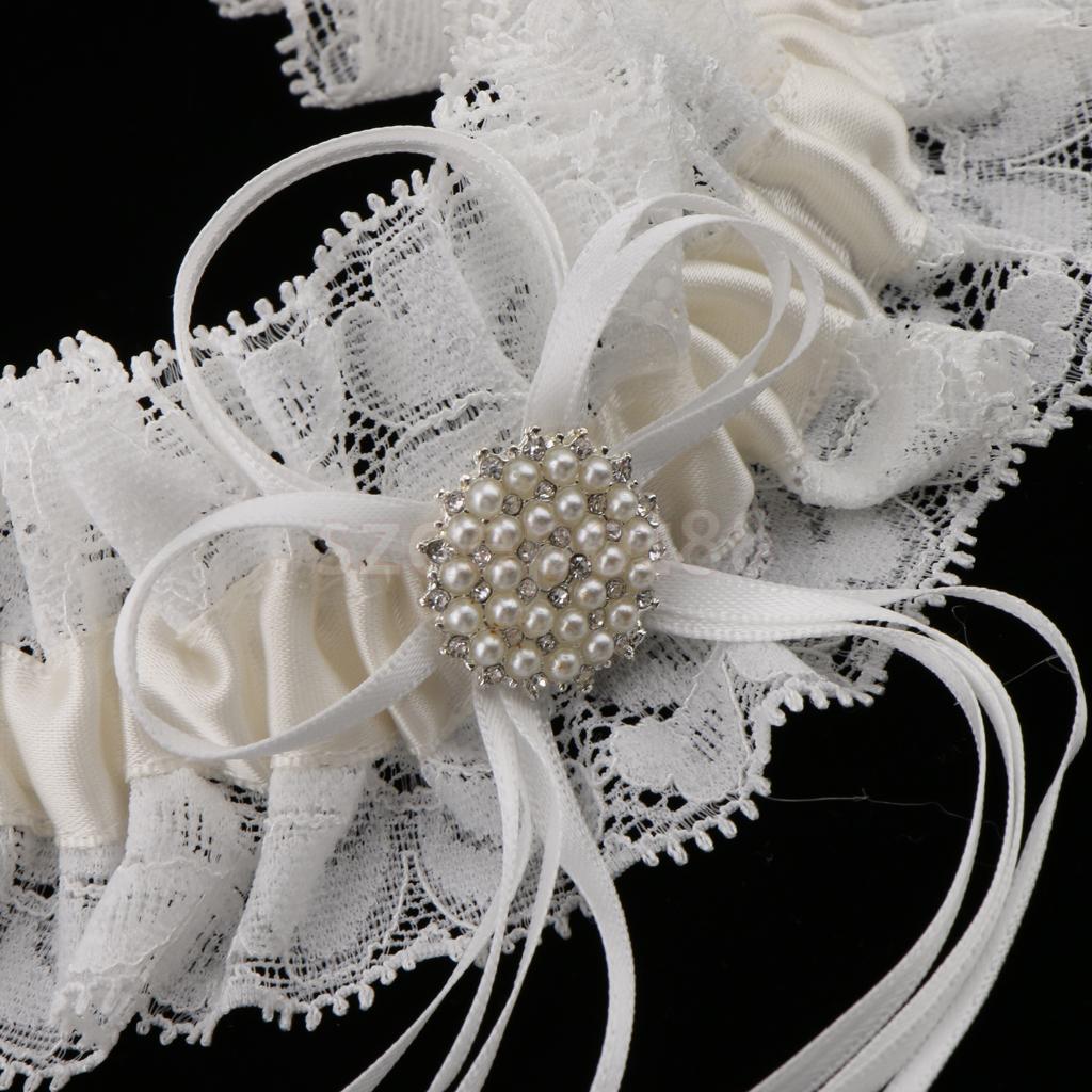 Wedding Bridal Lace Pearls Garter w/ Bowknot Trim Bride to Be Hen Night Party Theme Dress Wedding Party Favor