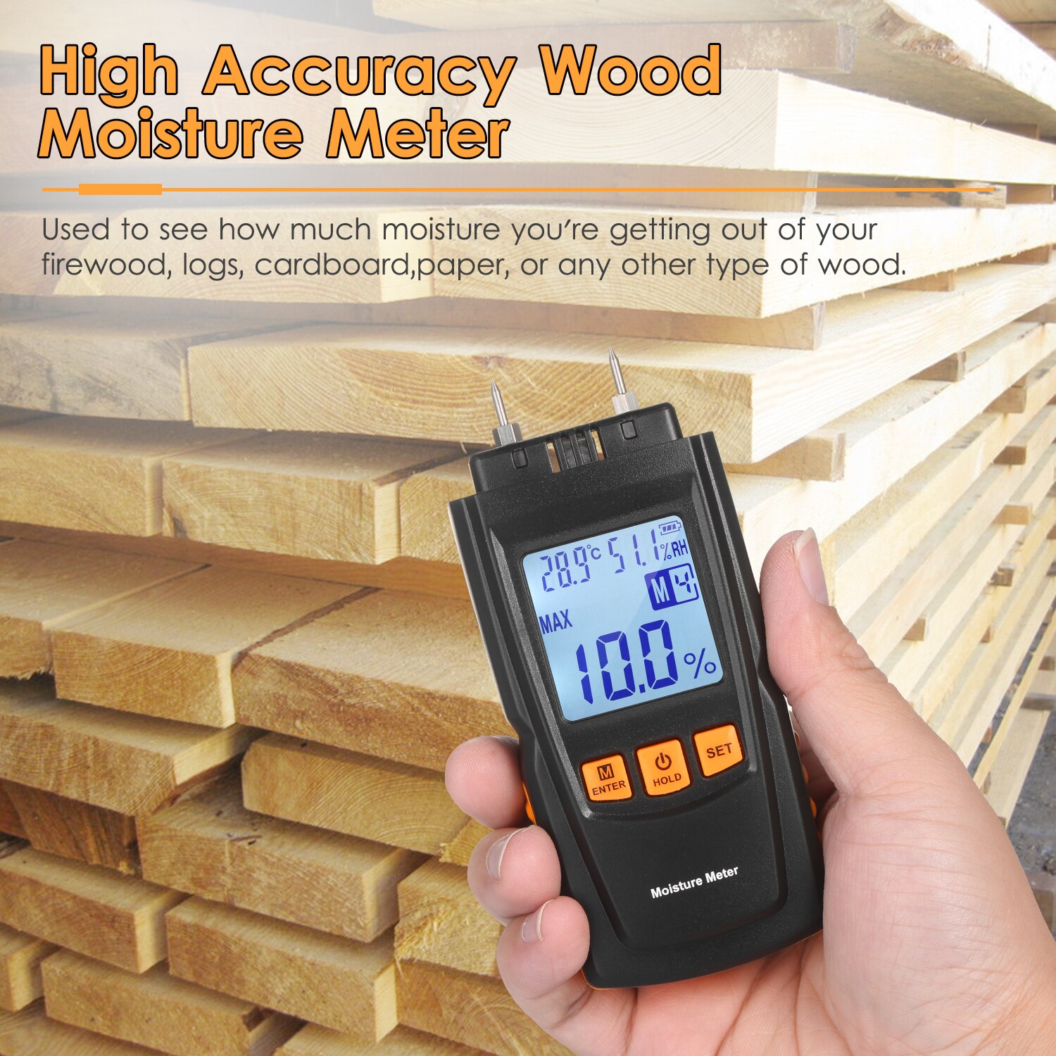 3-in-1 Digital Wood Moisture Meter Firewood Water Content Analyzer Ambient Temperature+Humidity+Wood Moisture Tester