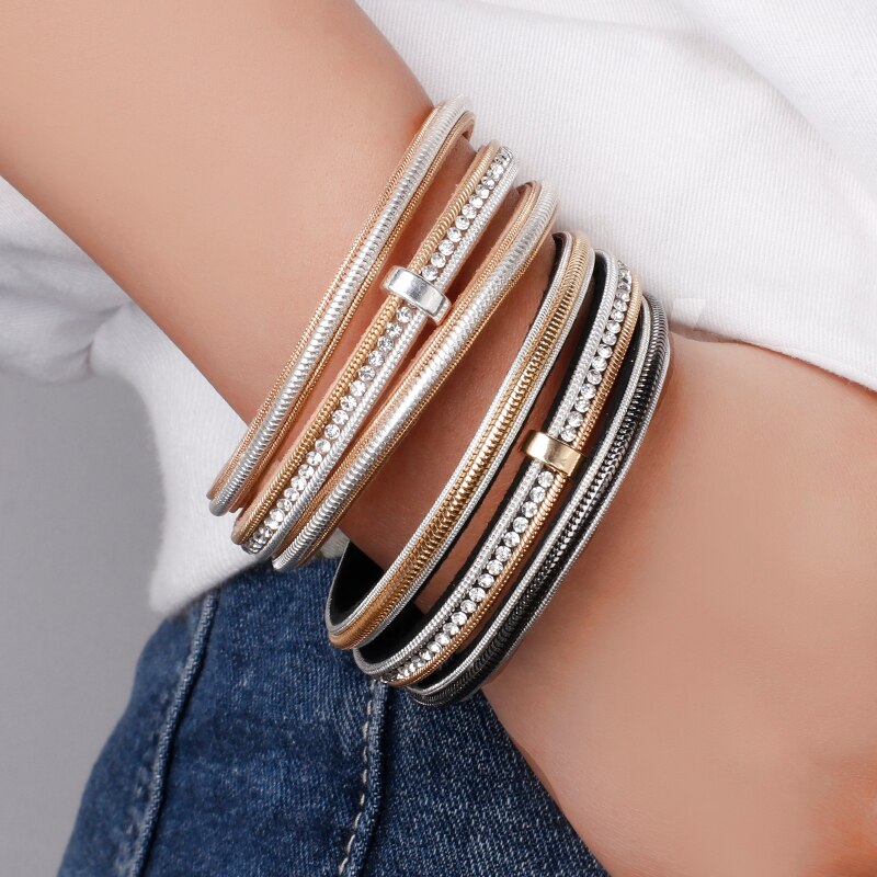Flashbuy Rhinstone Multilayer Leather Bracelets For Women Vintage Metal Charms Wrap Bracelets Charms Jewelry Femme Accessories