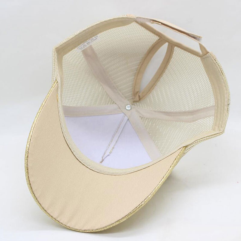 Damehat glitter høj hestehale hul kasket 5 #39 mesh trucker baseball cap guld sølv hvid sort pink brun blå