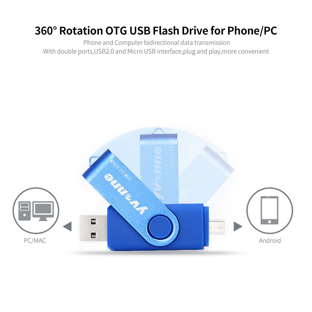 yvonne YT602-2 USB2.0 U Disk Rotating 128GB OTG USB Flash Drive with Double Ports U Disk for Mobile Phone/PC/Laptop Black