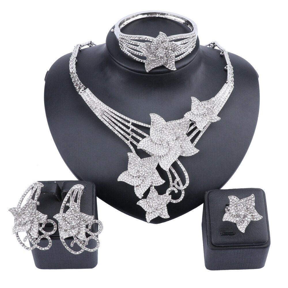 Conjunto de joias clássicas femininas, conjunto de joias com pedras de estrela, colar, pulseira, festa de casamento, elegantes: silver