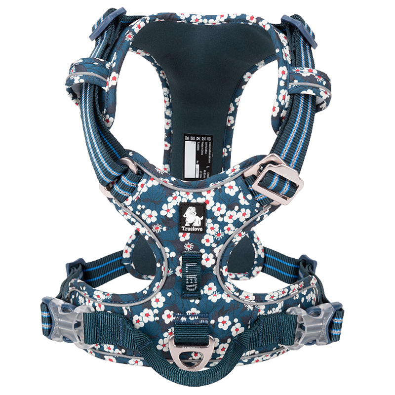 Truelove Floral Hund Harness mit Griff Baumwolle Pet Harness für Small Medium Large Hunde Katzen Weiche Baumwolle Atmungsaktiv Reflektierende: saxony blue / L