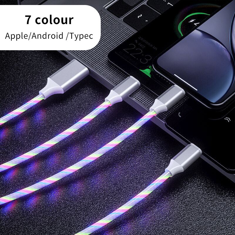 1.2m Car Charging Mobile Phone Cable USB IOS Type C Flow Luminous Lighting Data Wire for Samsung Huawei LED Micro Kable: 7 Colour