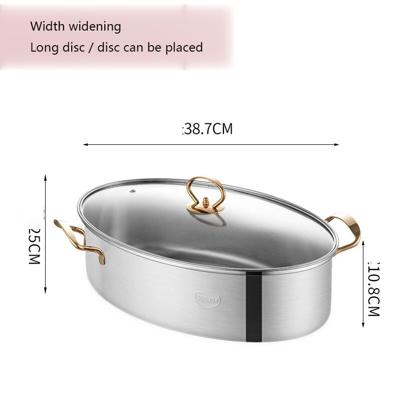 HE-Stainless Steel Thickened Oval Fish Steamer Glass Cover Soup Steamer Kitchen Multi Purpose Cooker