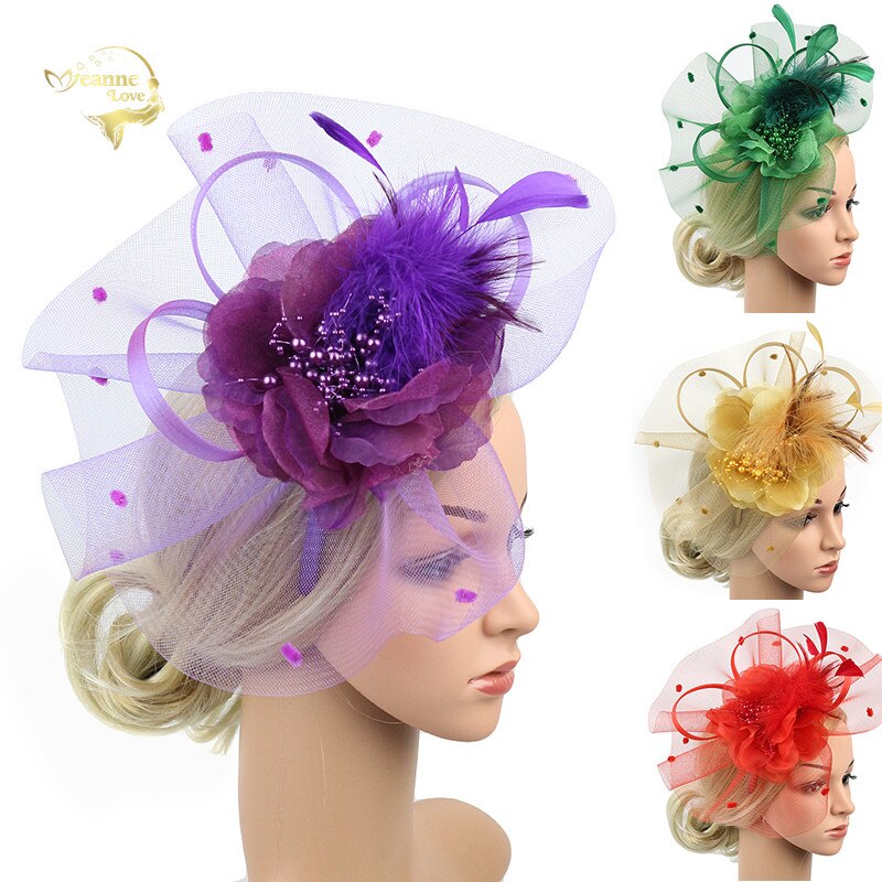 Fascinators Hat Flower Feather Net Mesh Kentucky Derby Tea Party Headwear with Hair Clip and Hairband for Women Purple Red Green