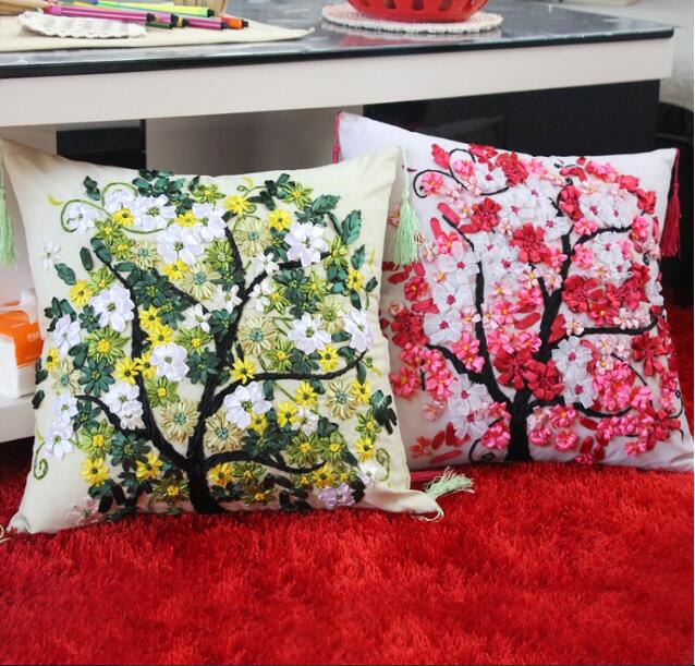 45X45cm Happiness Tree Pillow Ribbon embroidery kit pillow cover set handcraft DIY handmade needlework art home decor