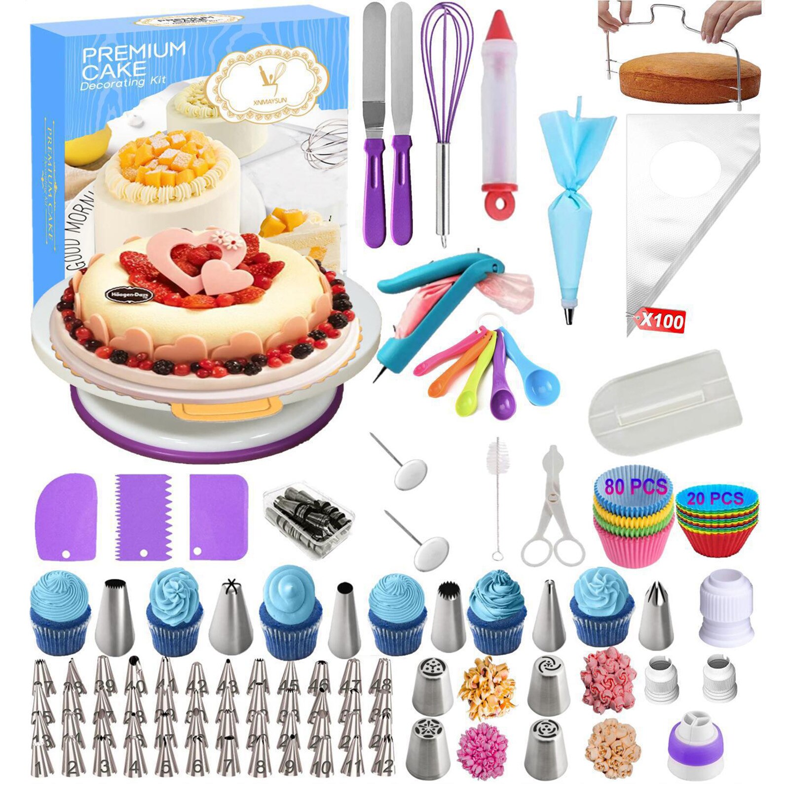 285 Pcs Complete Cake Decorating Supplies Kit Turntable Stand Baking Supplies Cake Scraper Pastry Dressing Tape