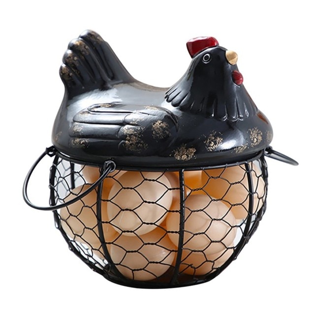 Chicken Shape Iron Egg Storage Box Household Creativite Egg Basket Egg Tray Storage Basket Fruit Container Refrigerator Storage: Black