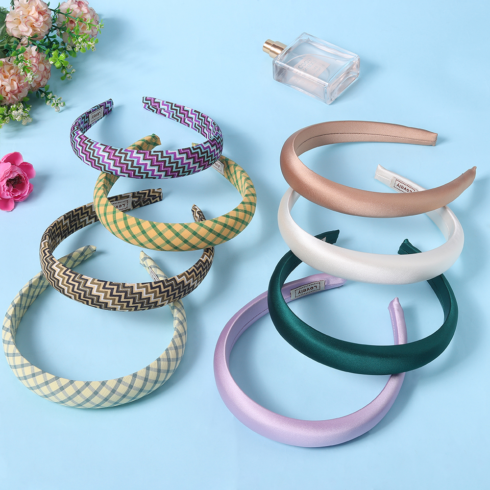 2.5cm Solid Color Plaid Hairband Wide Edge Satin Plaid Sponge Elastic Hair Bands for Women Bandeau Cheveux