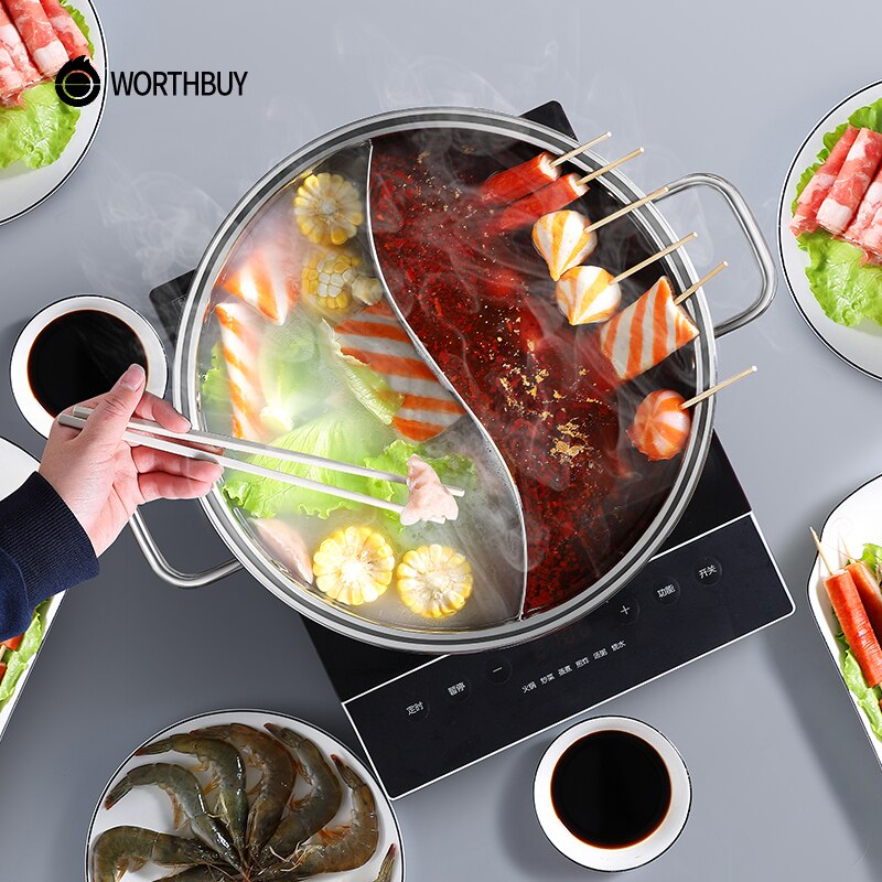 WORTHBUY Chinese Pot Met Deksel Soeplepel 18/8 Rvs Koken Pot Dubbele Smaak Pot Keuken Kookgerei