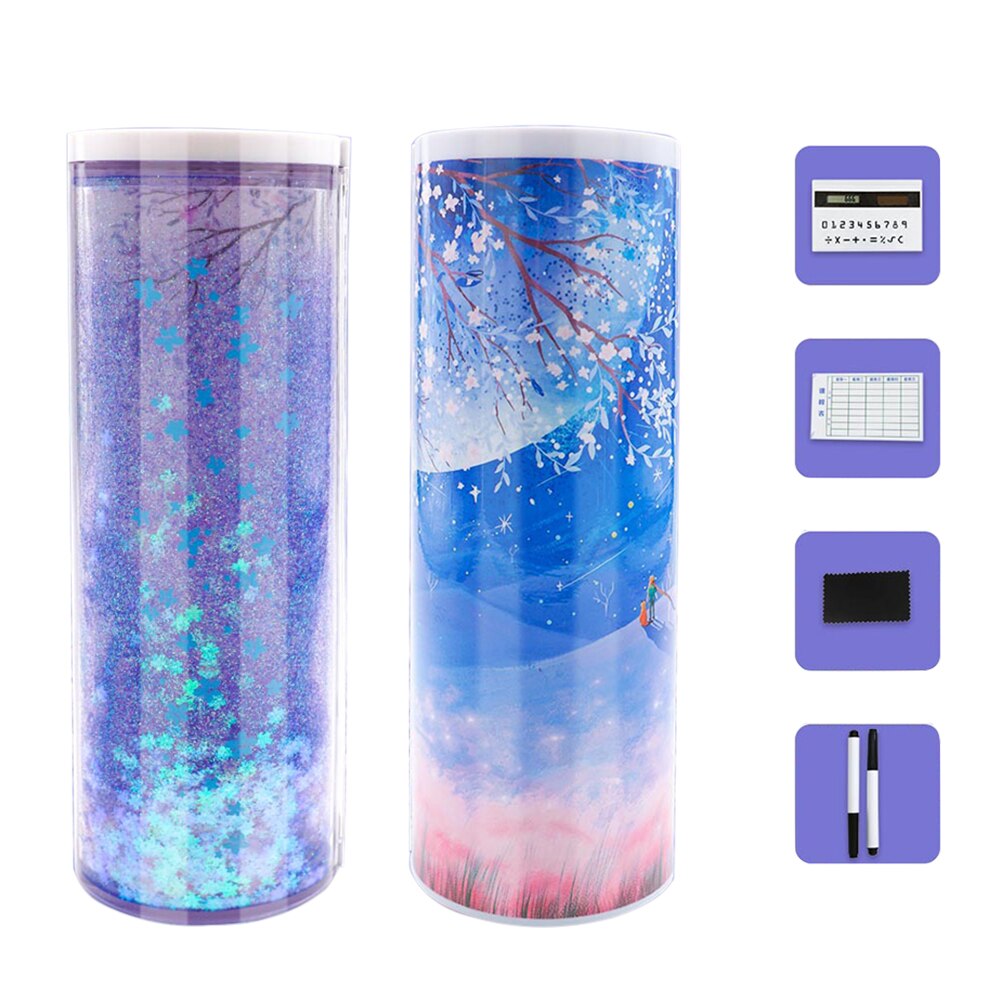 Quicksand Pencil Box Translucent Multifunction Cylindrical Pencil Case with Mirror Calculator School Student Stationery: Blue