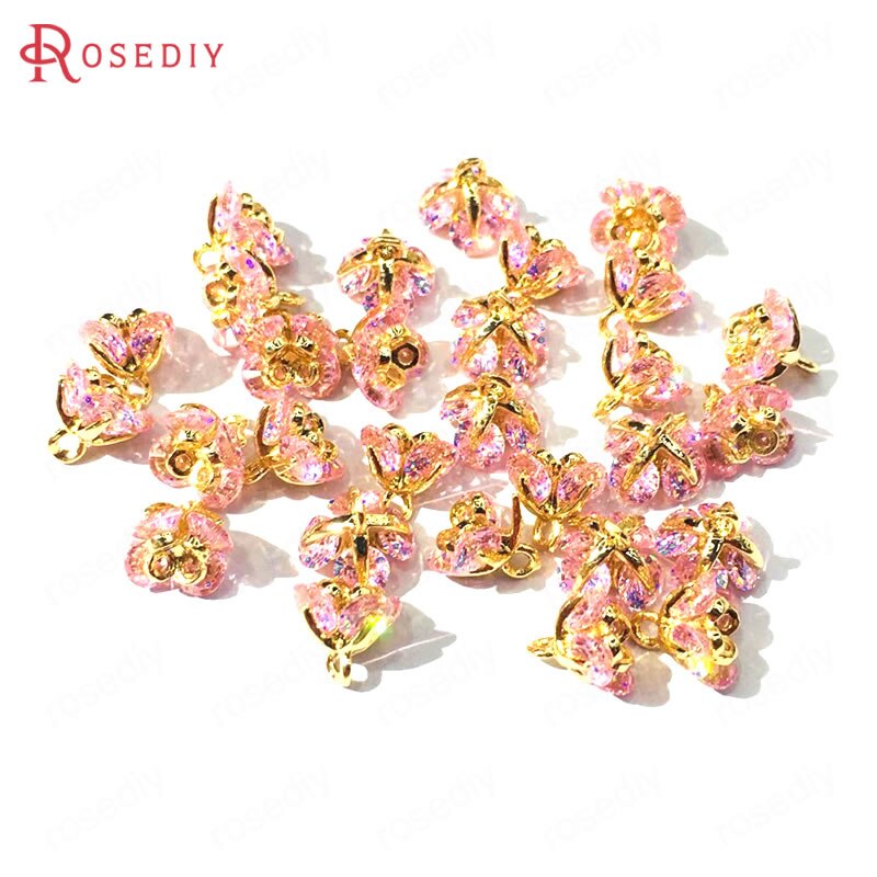 (37101)6PCS 7x7MM 24K Champagne Gold Color Brass and Zircon 3D Flower Charms Pendants Jewelry Making Supplies Diy Accessories: Pink