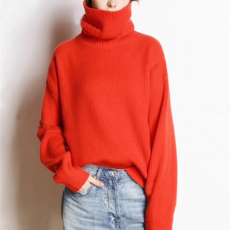 Pullover 100% Frauen Kaschmir und Wolle Stricken Jumper Frau Winter Rollkragen Warme Pullover Frau Strickwaren Top