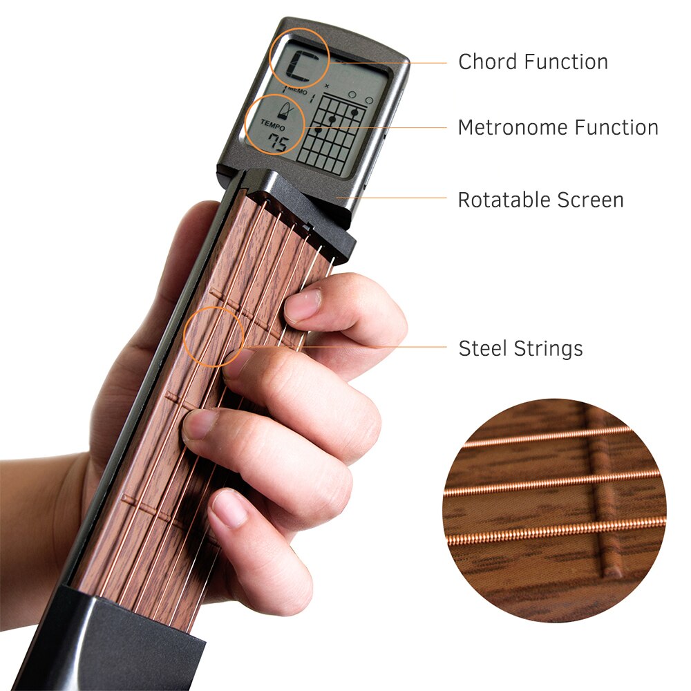 6-String Pocket Guitar Chord Trainer Folk Guitar Practice Tools Gadget 6 Frets with Rotatable Chords Chart Screen for Beginners