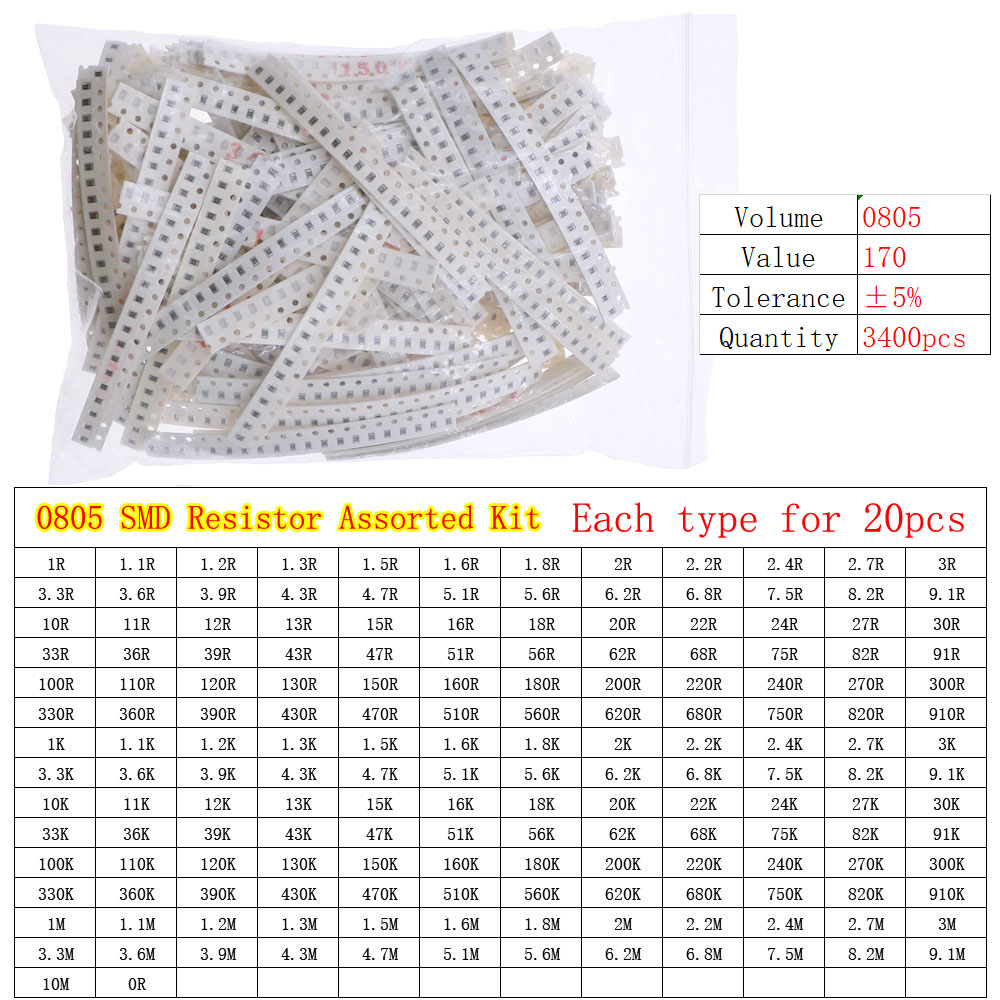 0402 0603 0805 1206 2512 SMD Chip Fixed Resistor 0ohm-10Mohm Assortment Kit pack: Khaki