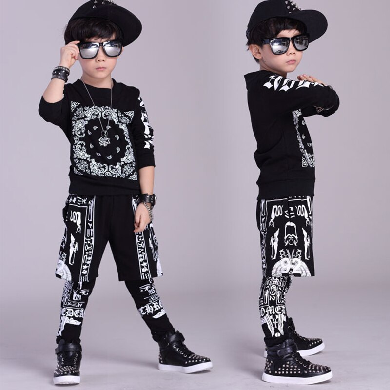 Hip Hop Costumes Boys Printed Long Sleeve Top Pants Street Dance Clothes Children Modern Stage Outfit Show Wear DNV12564