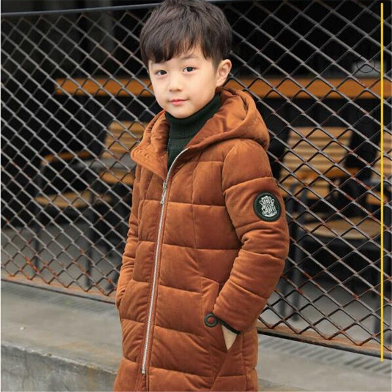 Winter Gold Velvet Jacket For Boys Korean Version Coat Hooded Thicken Mid-Length Handsome Children's Clothing