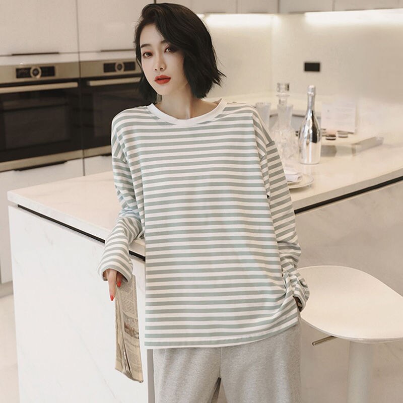 QWEEK Pajamas for Teen Girls Striped Solid Color Loungewear Soft and Loose Home Clothes Bedroom Set Pyjamas Pijamas Autumn Gray