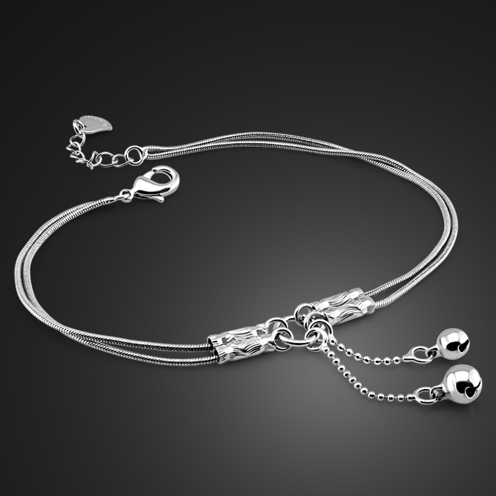 Tobilleras de Plata de Ley 925 con campanas para mujer, tobilleras de cadena de serpiente, cadena doble contraída, 27cm Joyería