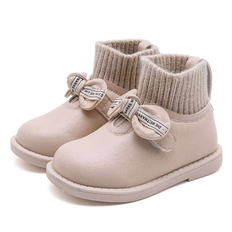 Winter Baby Girls Princess Boots Children Bow Ankle Boots Toddler Slip On Shoes Warm Brand Boots Soft Black Boots Shoes: Beige / 6.5