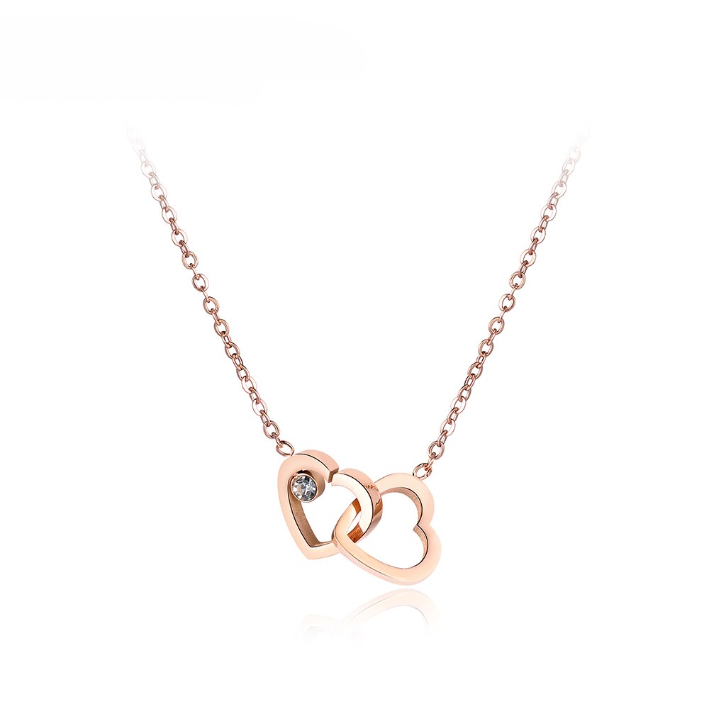 Lokaer colar corrente e fecho de zircônia cúbica, dupla coração, joias de titânio aço rosa dourado para mulheres n18058: Rose Gold