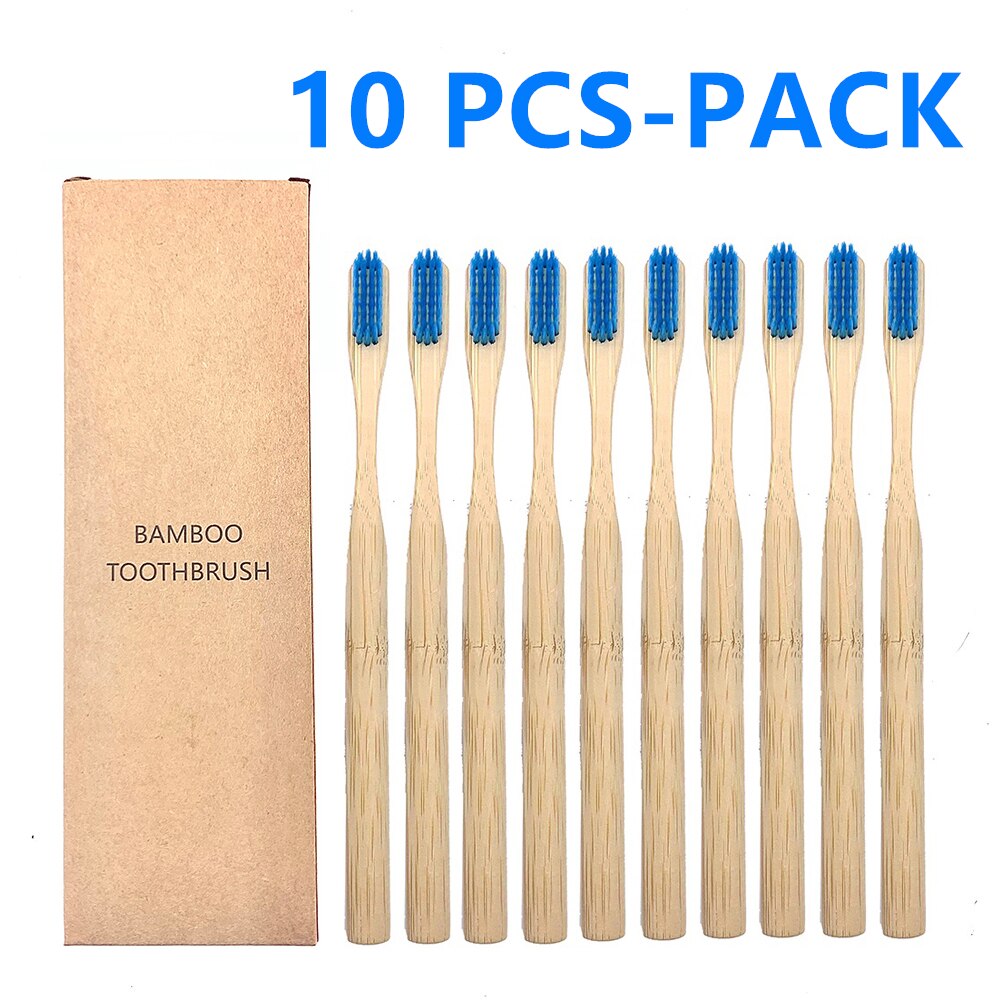 10Pcs Natural Toothbrush Eco-Friendly Rainbow Bamboo Medium Bristle Biodegradable Teeth Brush Solid Bamboo Handle Toothbrush: 10 PCS Blue Color