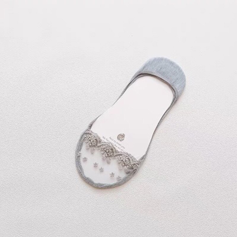 Calcetines invisibles antideslizantes con encaje para mujer, calcetín de corte bajo, bordado transparente: Grey