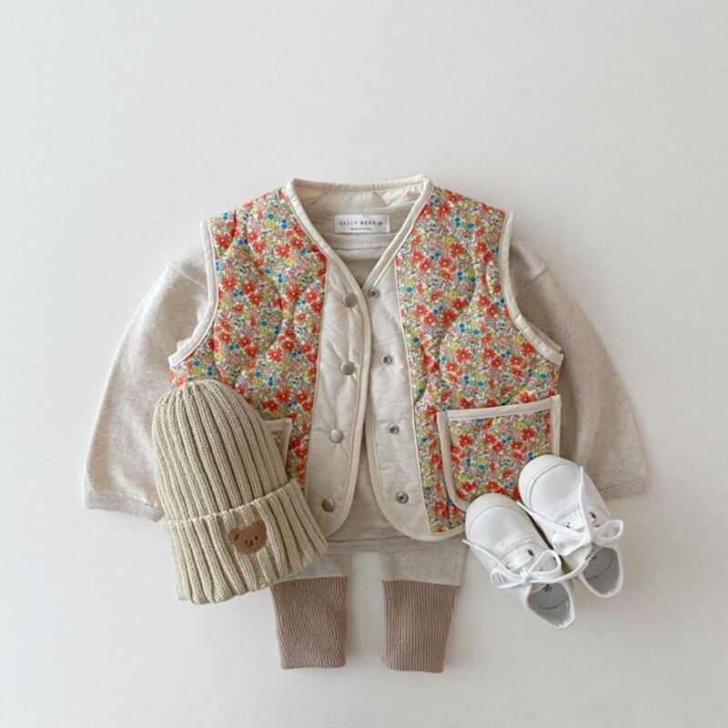 Herfst Baby Bloemen Mouwloze Jas Katoen Kinderen Warm Vest Voor Meisjes Kleding Mode Baby Boy Dubbelzijdig Winddicht vest