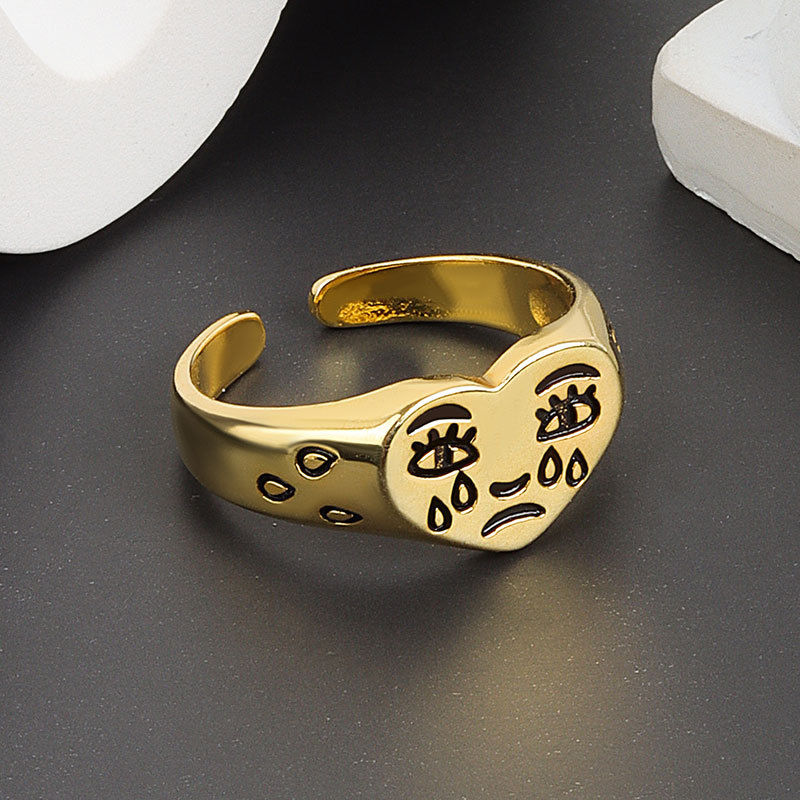 CIAXY, anillos de cara llorando de Color plateado para mujer, expresión de lágrimas tristes, anillo abierto de corazón de amor Retro, joyería superventas: Negro