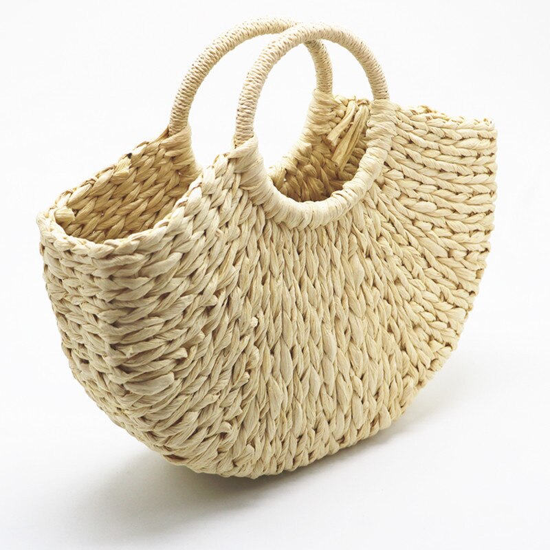 Handmade Bag Women Pompon Beach Weaving Ladies paper Straw Bag Wrapped Beach Bag Moon shaped Bag