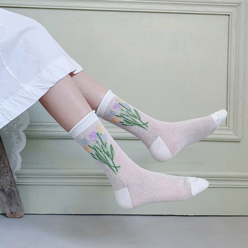 Produkt sommer gennemsigtige ultratynde korte sokker behagelige åndbare absorbere sved slik farve slik farve blomster kvinder