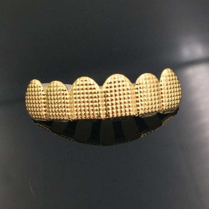 Hip hop masculino 6 topo & inferior ouro cor prata falso metal dentes grillz conjunto colisão treliça grades dentárias para o corpo feminino jóias: Gold Top