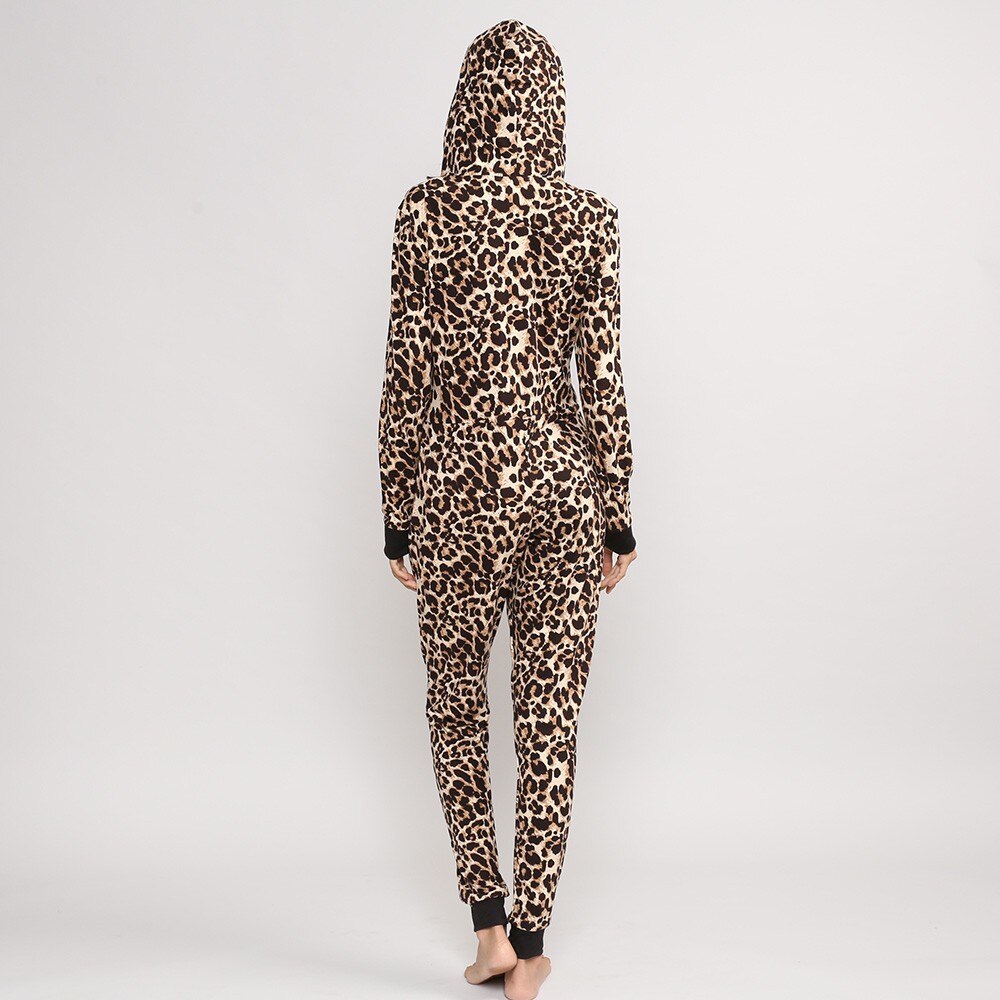 Centuryestar Leopard Printing Home Jumpsuit Tracksuit Pajamas Onesie 95% Polyester 5% Spandex Long Sleeve Adults Onesie Women