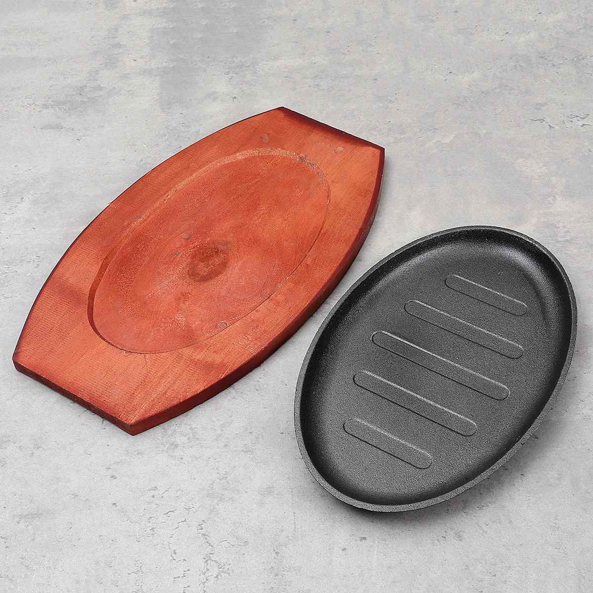 3 Sizes Cast Iron Roasting Steak Pan Non Stick Roast Enamel Fried Pot Plate Frying Pan With Wooden Base Holder Home Cookware