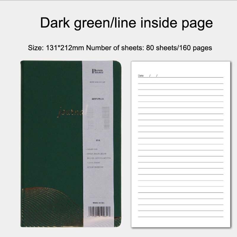 notebook hand book PU notebook diary hard-face copy lock line book School Office Stationery Feather: green line