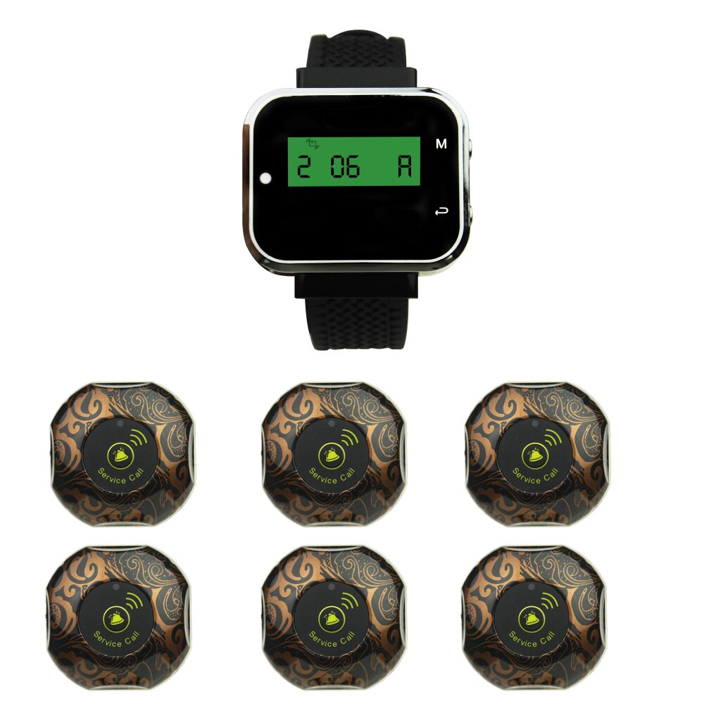 JINGLE BELLS wireless calling systems 6 call button+1 watch pager for restaurants/waiter call button hotel waiter calling system