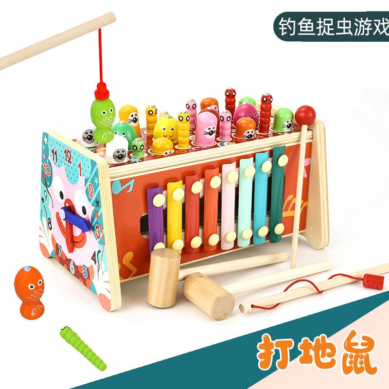 Young children wooden multifunctional hamster toy hand-eye coordination catching insects parent-child game cartoon 1-3 years