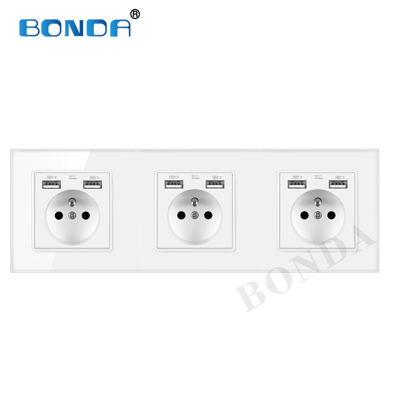 BONDA Multi-connection French standard wall socket, 16A USB tempered glass panel, multi-connection socket combination AC110-240V: 513 WHITE USB03