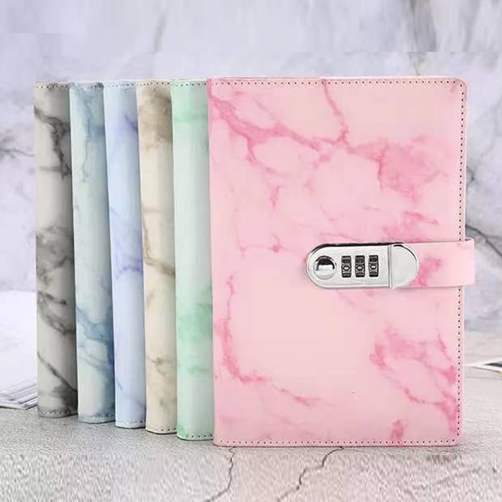 A5 Password Notebook Marble Texture 100 Sheets Personal Diary with Lock Code Thick Notepad Leather Office School Supplies