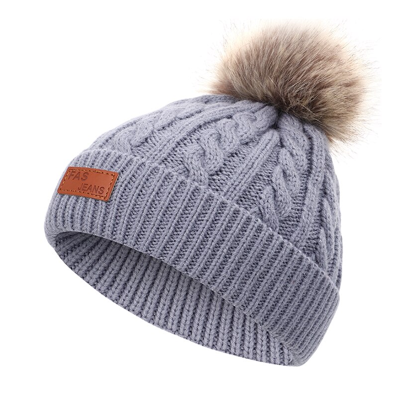 Børns vinterhue drenge og piger pompon læder strik hue varme striber sød sjov baby hat behagelige sombrero ærter: Grå
