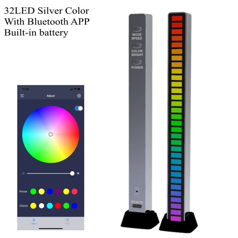 Voice App Controle Stereo Muziek Spectrum Led Licht Audio Niveau Indicator Versterker Vu Meter Voor Auto Speler Sfeer Lampen: Silver App Battery