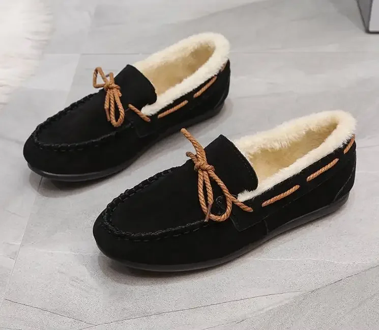 Vinterskor dam casual platta skor dammockasiner mjuka loafers komfort varma plysch rosett slip on dambomullsskor: Beige / 35