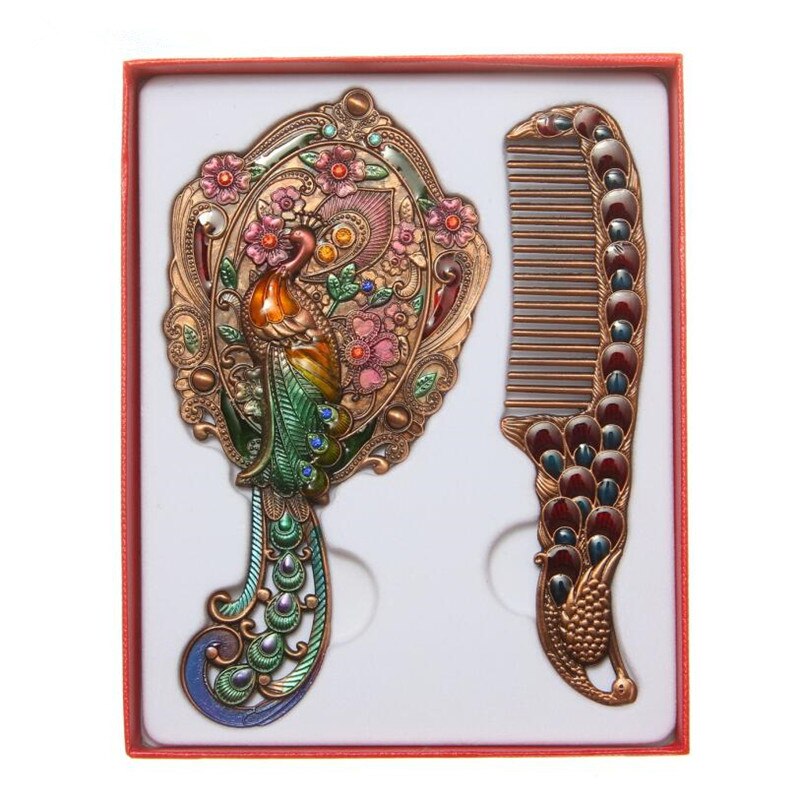Aishangmei Exquisite Retro peacock makeup mirror maquillaje espejo Metal Portable mirror comb set Cosmetic mirrors