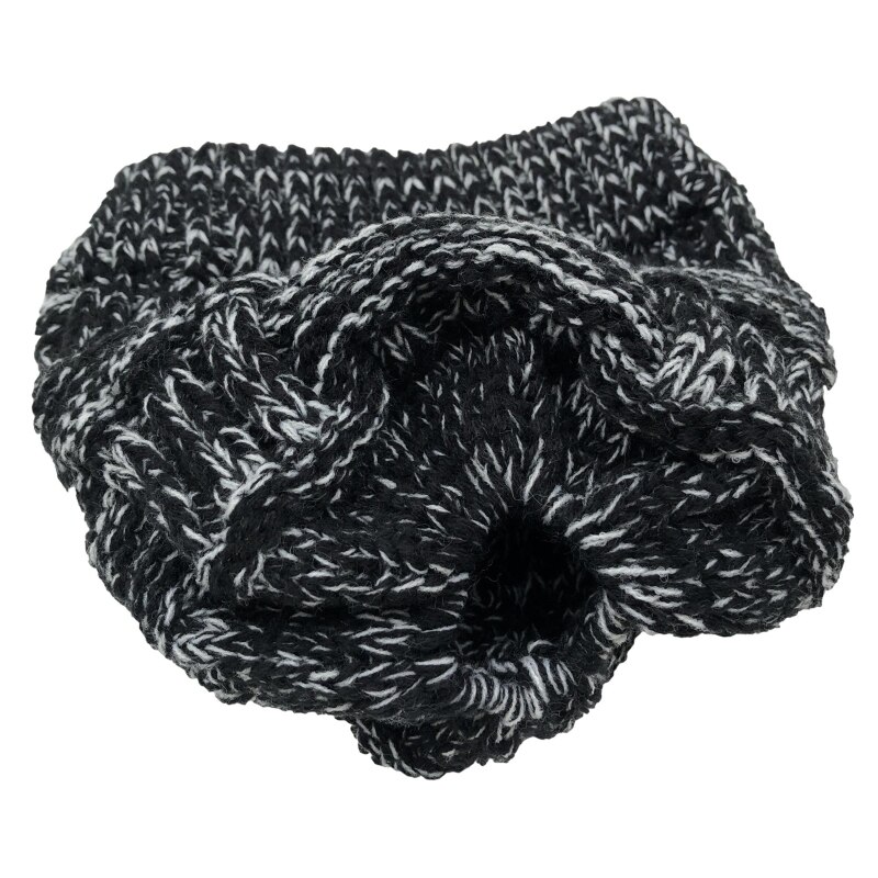 Women Winter Chunky Plaid Crochet Knitted Beanie Hat with Ponytail Hole High Messy Bun Solid Color Stretch Snow Ski Skull Cap