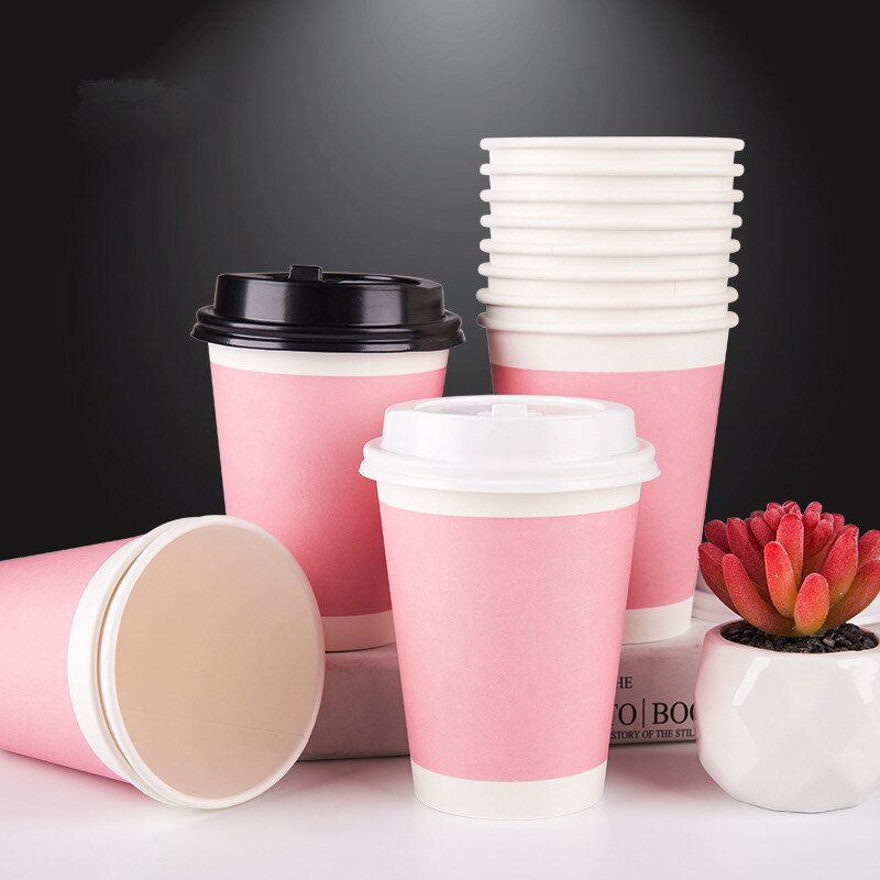 50pcs Pink thicken disposable coffee cup party wedding birthday favor drink paper cup cute takeaway packaging cups with lid